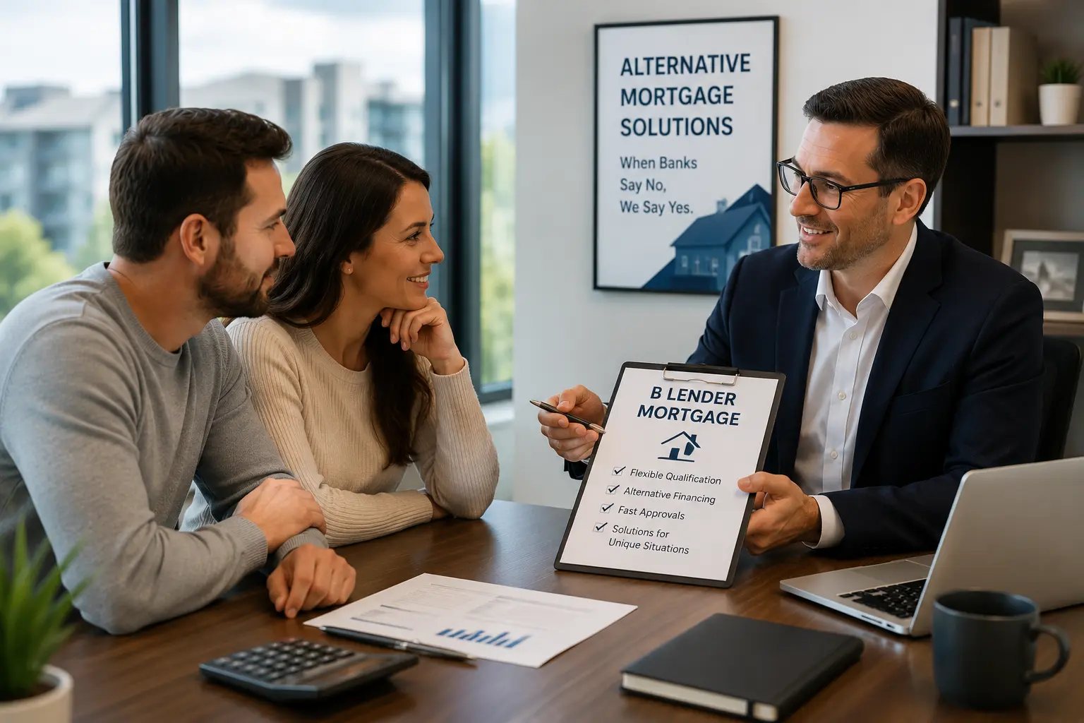 Mortgage broker organizing documents for a B lender application in British Columbia